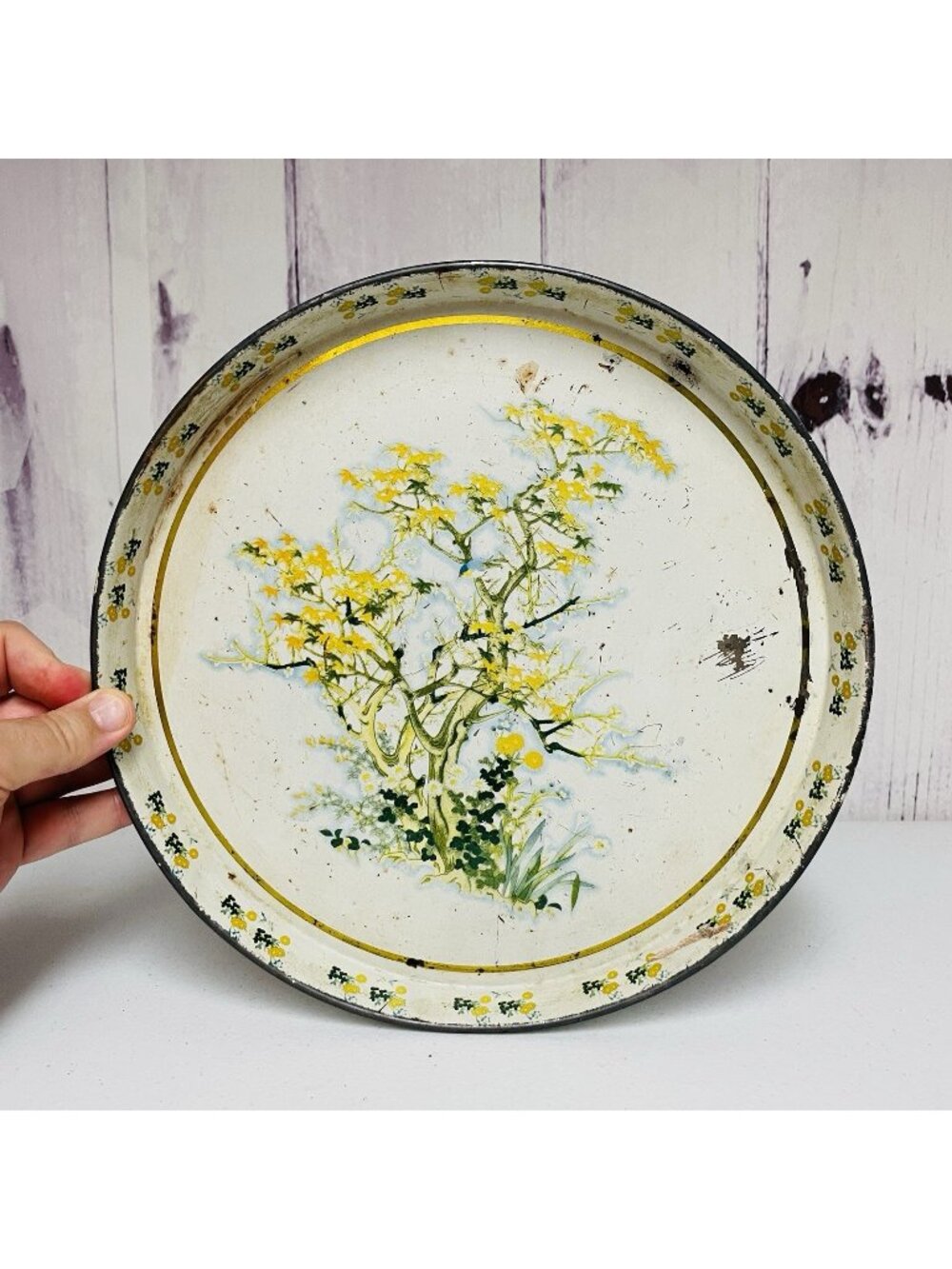 Vintage 70s Meister 12" Metal Serving Tray White Yellow Wildflowers Brazil